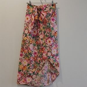 H&M Pink, Green and Yellow Floral Wrap Midi Skirt